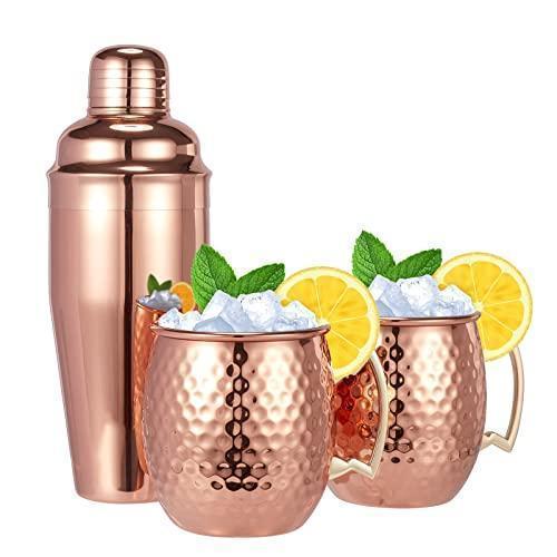 Best Place To buy Moscow Mule Mugs Set of 3-Hammered Moscow Mule Mugs Drinking cup with 24oz Cocktail Shaker-Great Dining Entertaining bar Gift Set (Mug Set of 3 -cocktail shaker included)